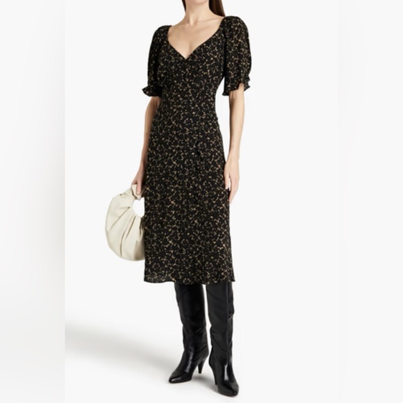 ba&sh Eden Flower Print- Black and Tan Puff Sleeve Dress - Picture 5 of 6